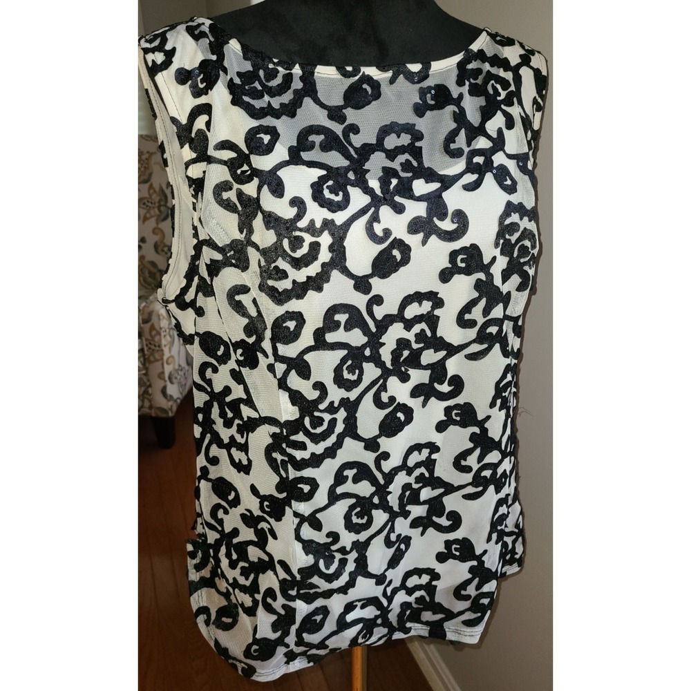 Onyx‎ Nite Blouse Sleeveless Womens XXL White Black Floral Sequin Sheer Lined